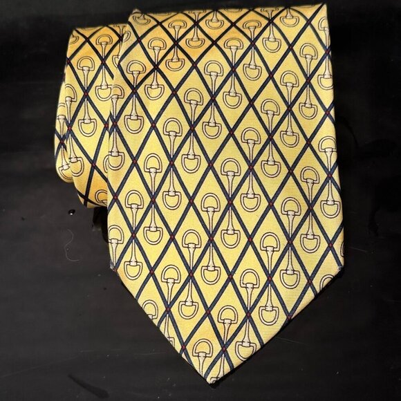 Gucci Logo Silk Tie Horsebit Yellow Black Mint Mens Gift Horse Bit Equestrian - Picture 1 of 4